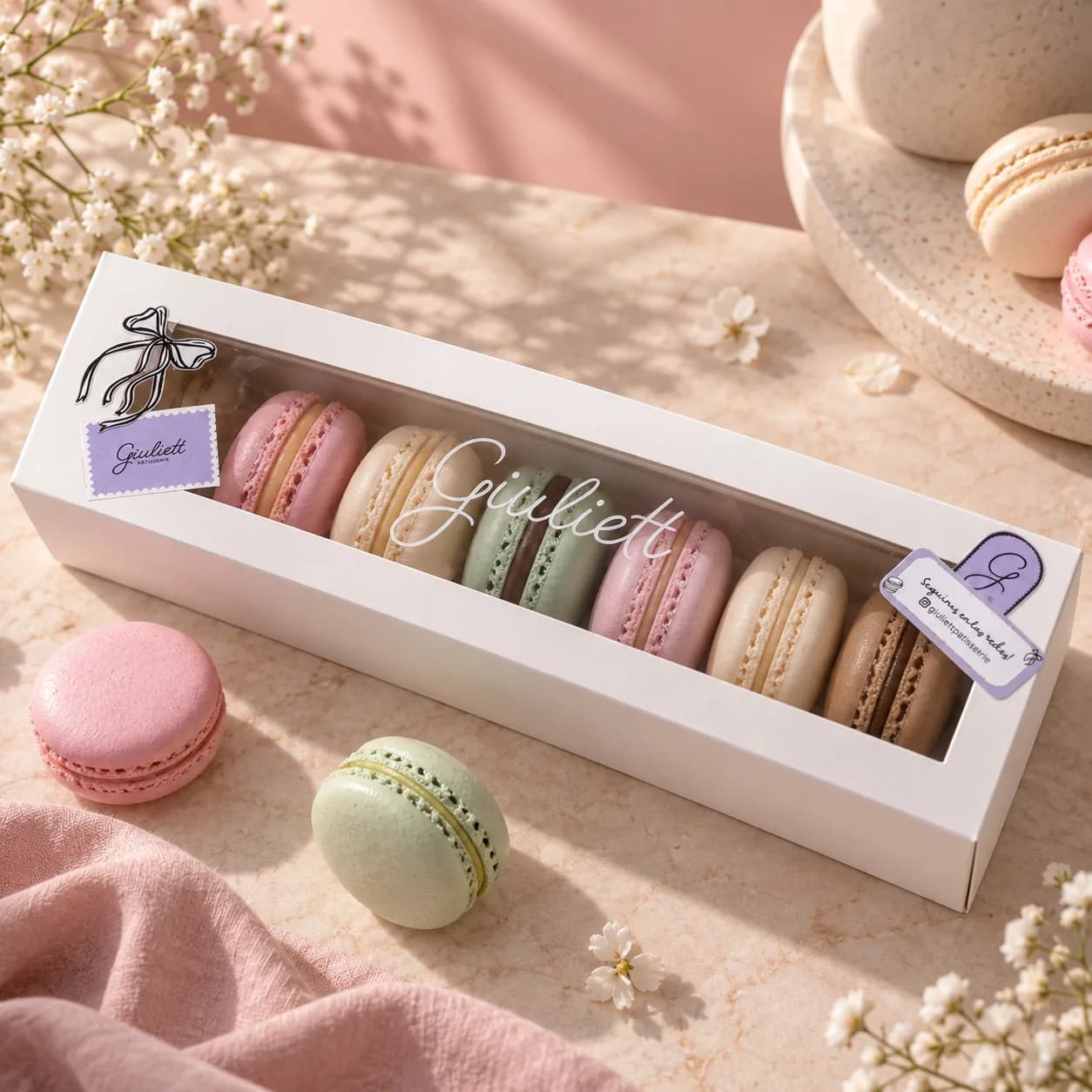 Caja de regalo lila con macarons y cinta de raso