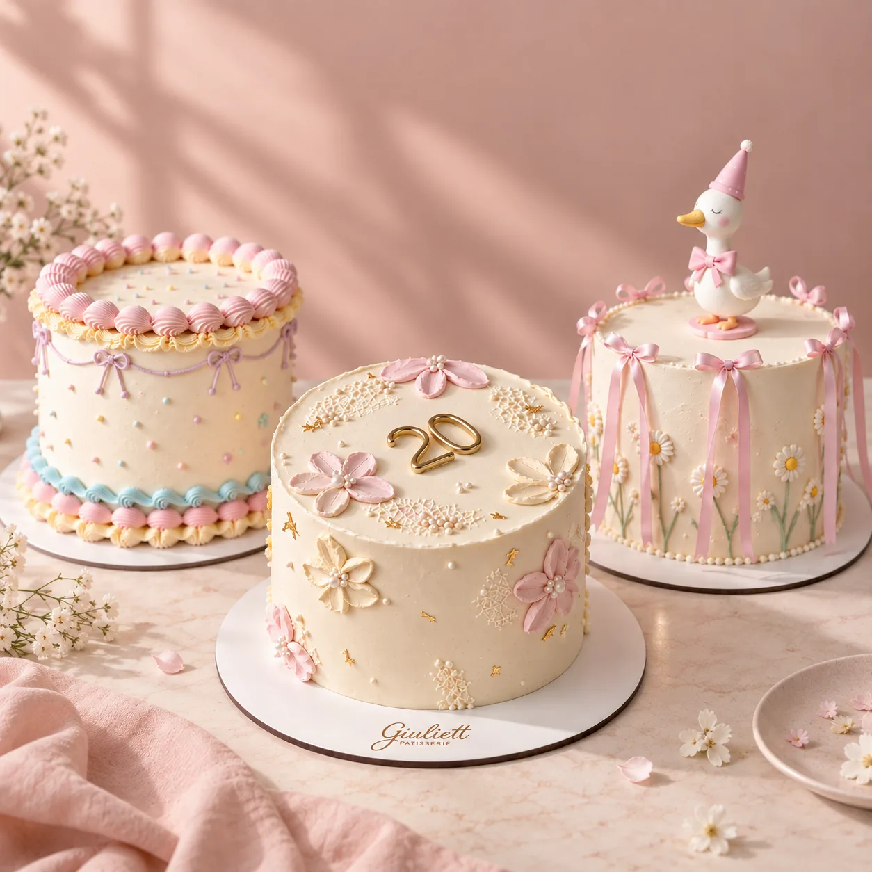 Mesa dulce montada con macarons, flores y cerámica lila
