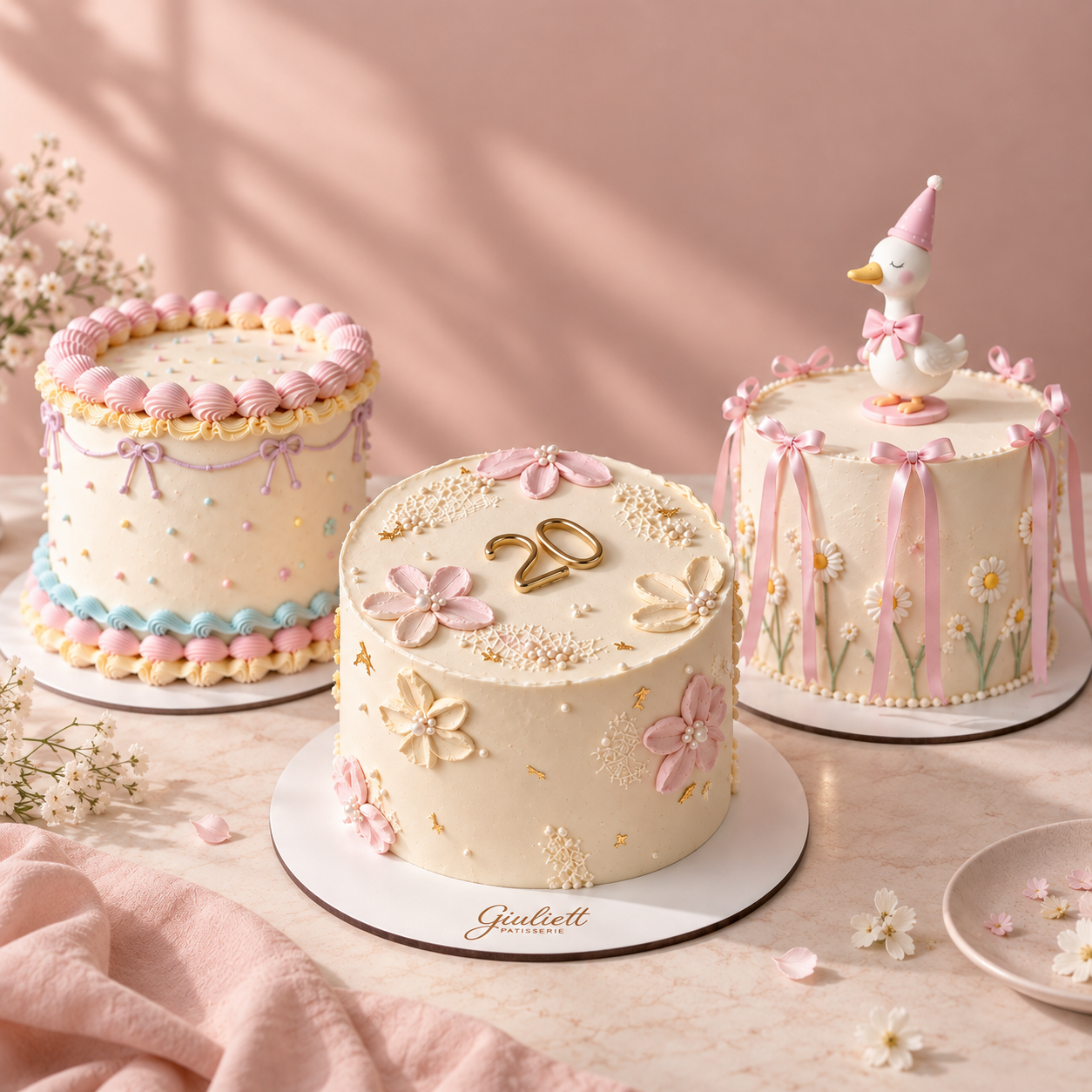 Mesa dulce montada con macarons, flores y cerámica lila